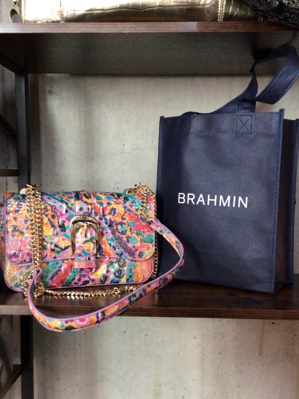 Brahmin Multicolor Floral Leather Crossbody with Gold Chain